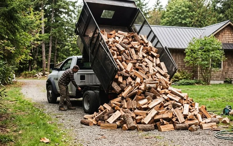 Robbie dumping a cord of firewood at a Saanich Peninsula customer's home