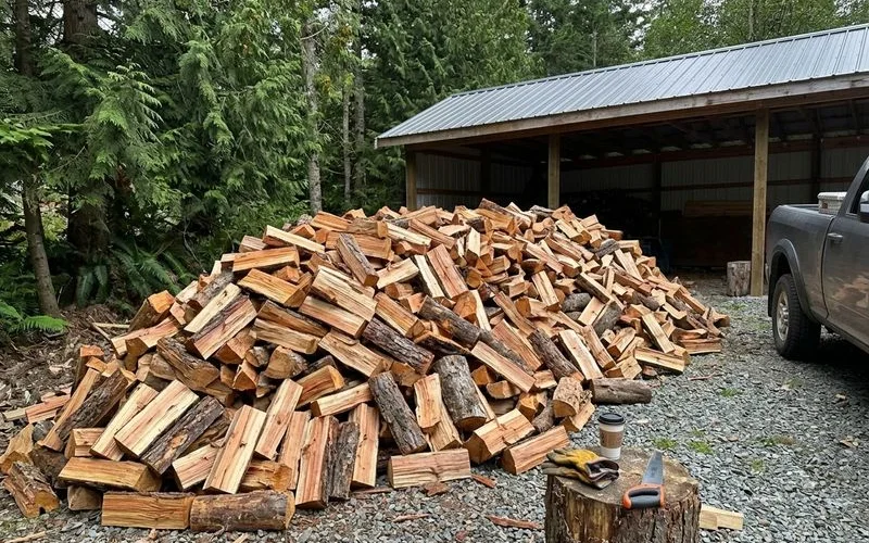 A two-cord bulk load dumped beside a covered woodshed on Vancouver Island acreage