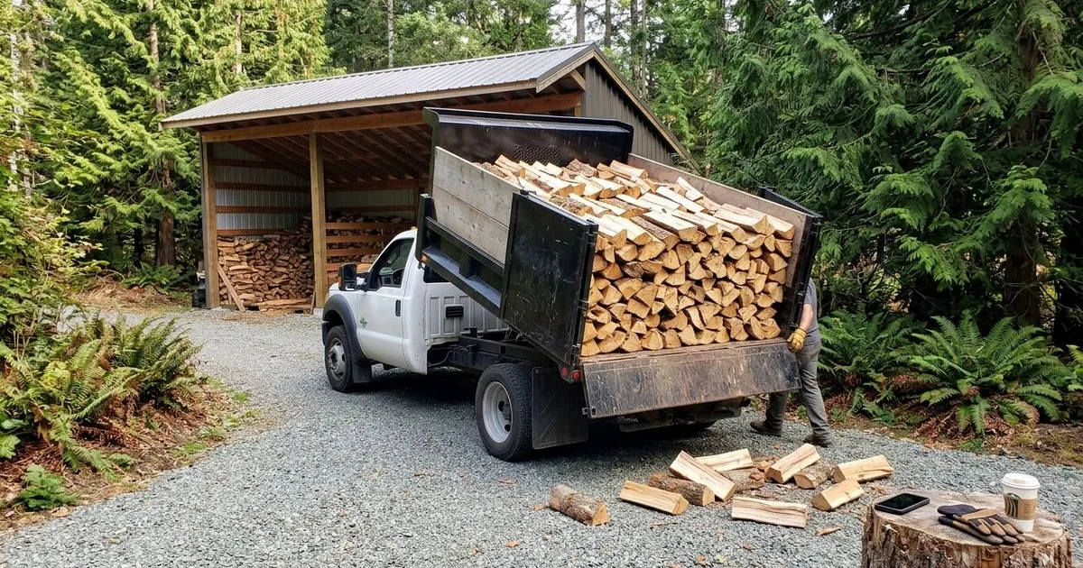 Saanich Firewood delivery truck arriving at a home on the Saanich Peninsula