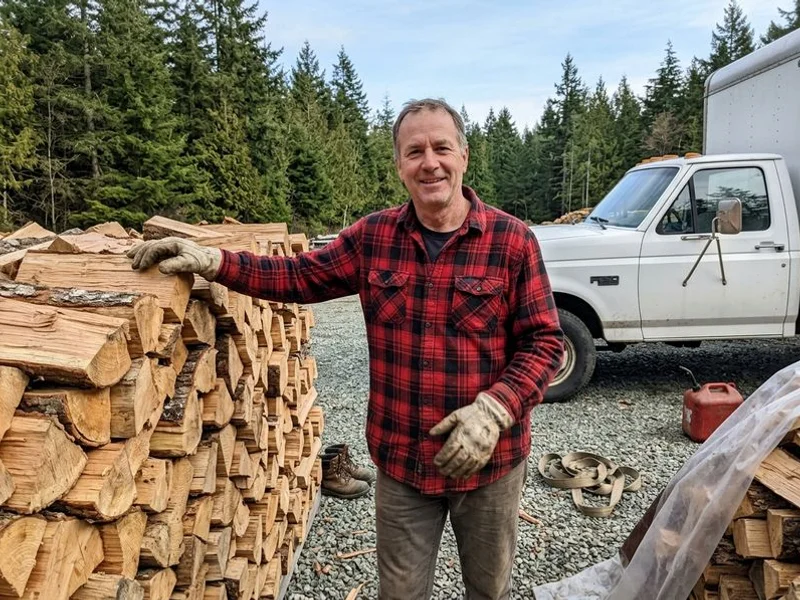 Robbie, the owner-operator of Saanich Firewood, beside a delivery truck and a stack of seasoned firewood